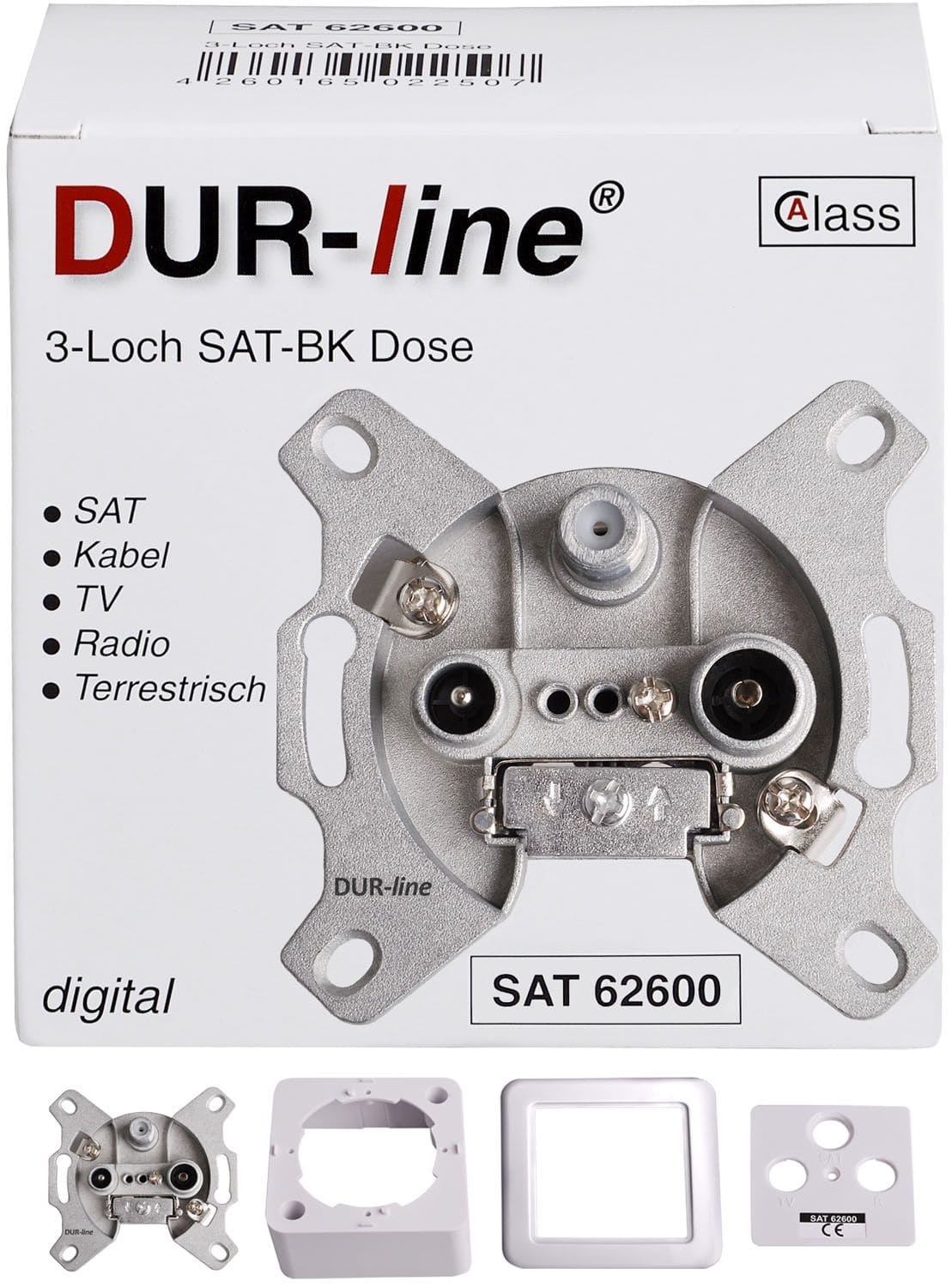 DuraSat Sat-Stichleitungsdose DUR-line DSA 62600 Stichleitungsdose komplett mit Rahmen, Deckel und Befestigungsschrauben für Sat, Kabel, Radio und Terrestrik