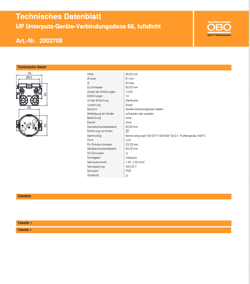 OBO Unterputz-Gerätedose Schalterdose UG 66-L luftdicht Höhe 66mm Durchmesser 60mm 1 Stück 2003708