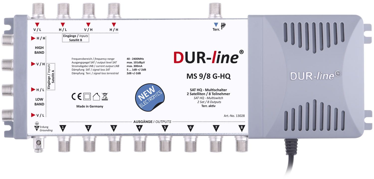 DuraSat DUR-line MS 9/8 G-HQ - Multischalter Für 2 Satelliten und bis zu 8 Teilnehmern mit Netzteil