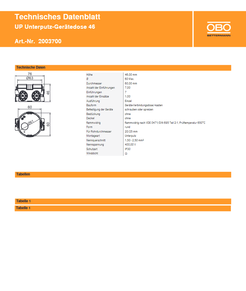 OBO Unterputz-Gerätedose Schalterdose UG 46  Höhe 46mm Durchmesser 60mm  1 Stück 2003700 